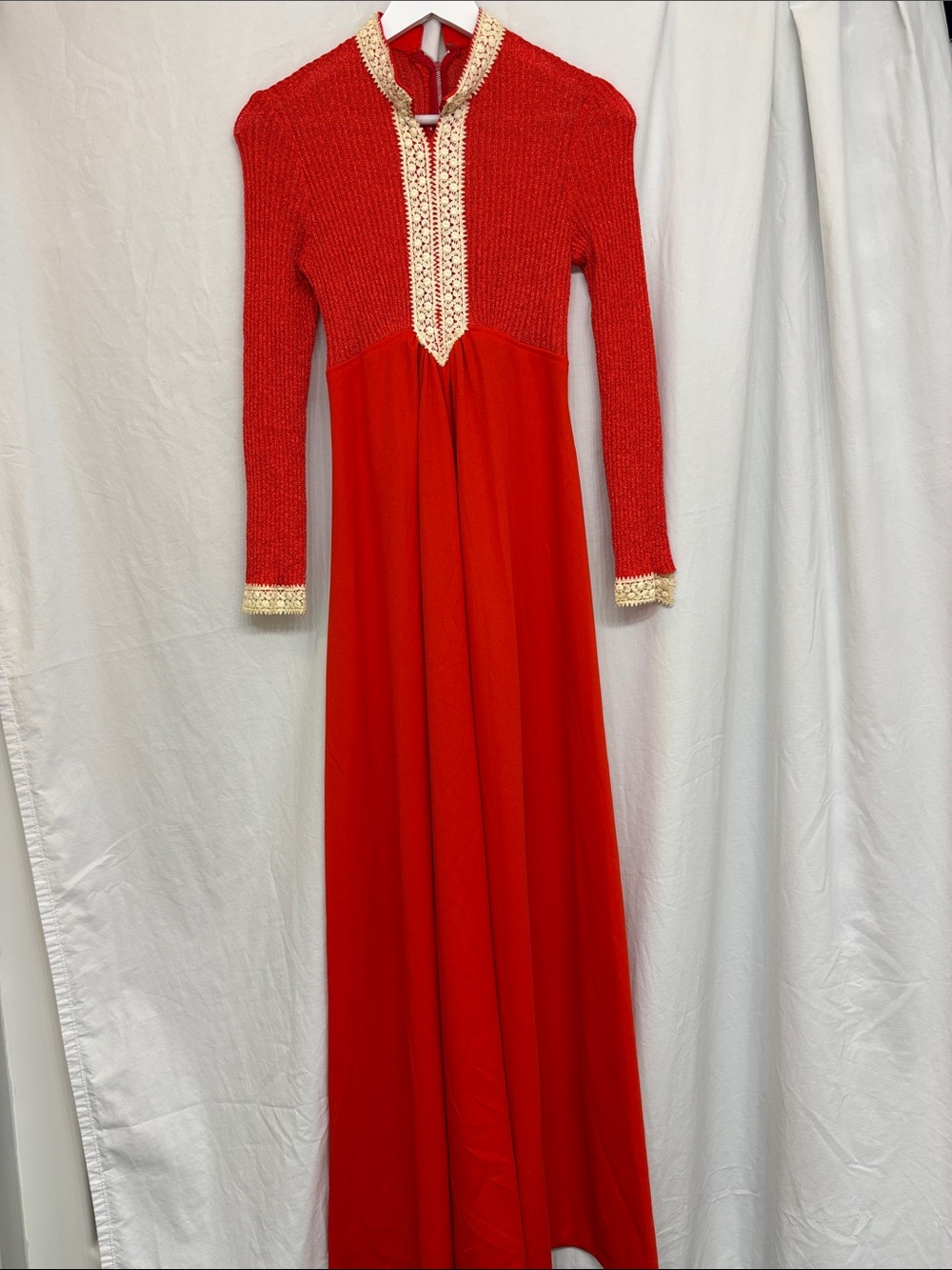 Vintage 1970s Red Maxi Dress with Crochet Trim - Picture 1 of 13
